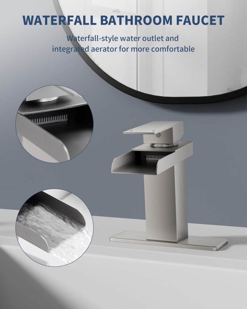 BATHLAVISH Waterfall Bathroom Faucet, Brushed Nickel Modern Single Handle Bathroom Faucets for 1 or 3 Hole Bathroom Sink Faucet Washbasin Faucet Mixer Tap with Deck and Pop-up Drain - Image 4